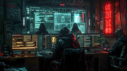 Obraz premium A group of people are sitting in front of computer monitors in a dimly lit room. The room is filled with neon lights and the people are wearing black clothing. Scene is dark and mysterious