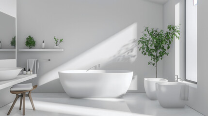 Empty modern white bathroom with window, bathtube, sink and plants. Blank interior design 3d render.