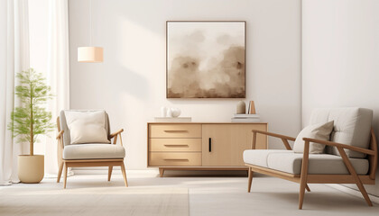 Two wooden armchairs and a wooden cabinet with books and decorations in a bright room with a large painting on the wall behind the cabinet