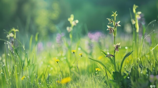 Greek wildflowers known as Ophrys sphegodes having the common names bee orchid wasp orchid and passiontide orchid captured against a green backdrop