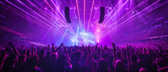 Center stage at arena concert with purple lasers, full crowd cheering and excited.