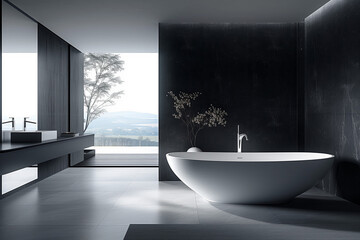 Minimalist bathroom with clean architectural lines and deep black palette, illuminated by muted afternoon sunlight and featuring matte finishes. A serene space inspiring simplicity and clutter-free li