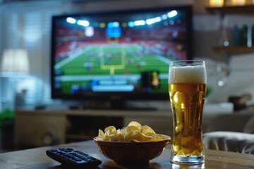 Beer, chips, and remote with football match on TV