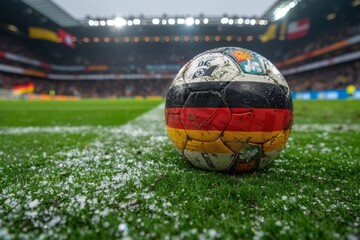 Close-up view of a worn-out soccer ball resting on a snowy football field, with blurred players and spectators in the background at a stadium