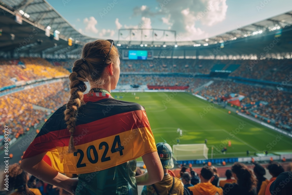 Wall mural A spectator wearing a Germany flag-themed cape with 2024 stands in a crowded football stadium during an exciting match under a clear sky