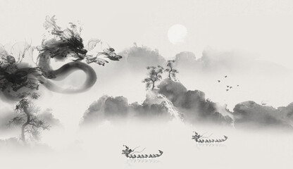 Chinese style Loong Boat Festival ink dragon illustration
