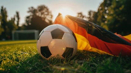 Naklejka premium A close-up shot of a soccer ball resting on a grassy field next to a vibrant German flag with a sunlit background in the early evening