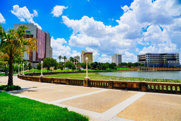 Lakeland, FL, USA - 06 10 2024: Beautiful Hollis botanic garden and lake landscape in Lakeland...