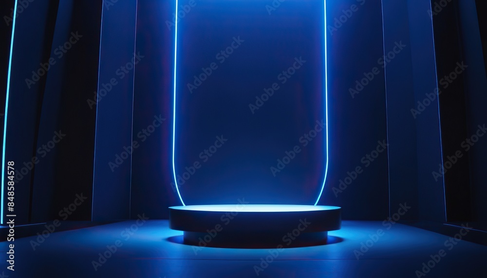 Wall mural 3d rendering of a blue glowing stage with spotlights the stage is made of a reflective material and  - Wall murals