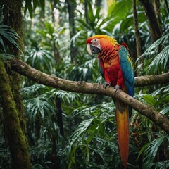 Obraz premium A vibrant macaw perched on a branch in a tropical rainforest.