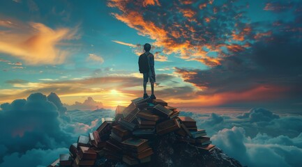 A boy stands on top of a mountain made up of books, with his back to us and wearing school