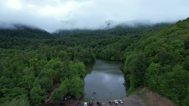 Aerial video of Lake Parz in the mountains near Dilijan, Armenia