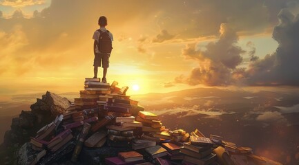 A boy stands on top of a mountain made up of books, with his back to us and wearing school