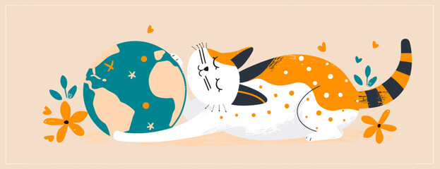 Illustration of a cute cat hugging a globe, celebrating International Cat Day with a playful and loving theme.