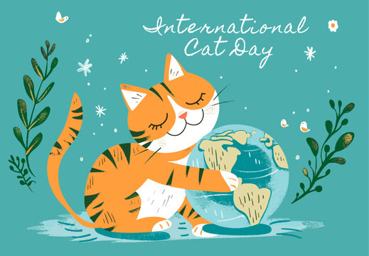 Illustration of a cat hugging a globe, celebrating International Cat Day, with a green background and nature elements. - Powered by Adobe