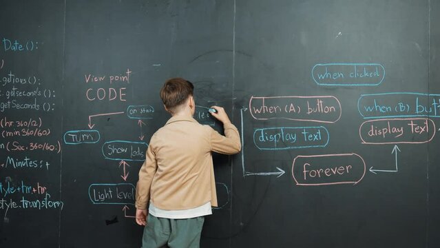 Back view of smart boy writing engineering prompt on blackboard. Attractive happy student planing a project by using coding and programing system in STEM technology classroom. Closeup. Erudition.