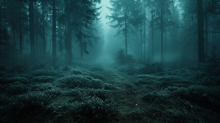 Fototapeta premium An eerie, misty forest landscape characterized by dense fog, tall pine trees, and lush undergrowth, creating a mysterious and tranquil atmosphere in a natural setting