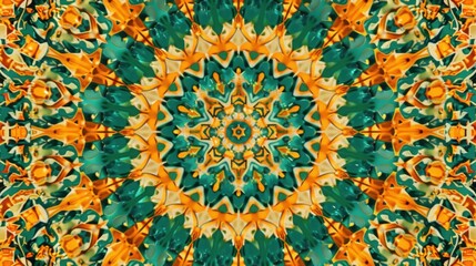 Abstract Kaleidoscope Pattern in Green and Orange Hues