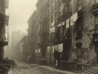 Historically evocative alleyway scene showcasing early 20th-century urban living conditions with laundry strung between aged, densely packed buildings