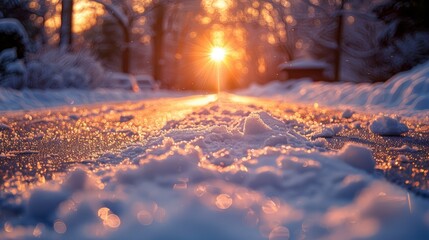 A captivating winter sunset scene with sparkling snow and ice covering a peaceful road lined by bare trees, creating a serene and picturesque image