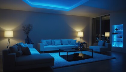 Cozy living room with smart TV voice command IoT devices and ambient lighting. Concept Smart Home Setup, Voice-Activated Tech, Ambient Lighting, Cozy Living Room