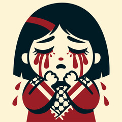 Crying Palestinian Child: Heartfelt Expression of Grief and Hope. Vector Illustration.