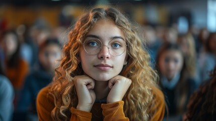 Fototapeta premium Young woman with curly blonde hair and glasses attentively focused in a classroom setting filled with blurred students in the background