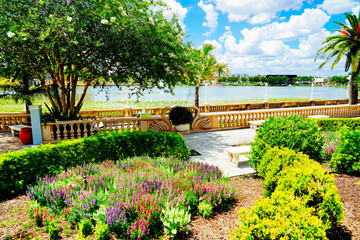 Lakeland, FL, USA - 06 10 2024: Beautiful Hollis botanic garden and lake landscape in Lakeland Florida