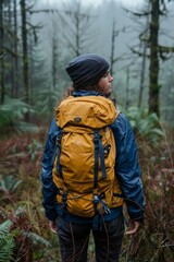 A young individual with curly hair, wearing a yellow backpack and a beanie, explores a misty forest, capturing the essence of adventure and tranquil nature