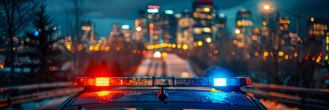 Police car flashing blue and red lights against city night skyline, displaying authority