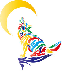 カラフルな月と狼の遠吠えイラストマーク