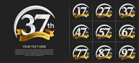 anniversary logotype set vector, silver color with golden ribbon for special day celebration