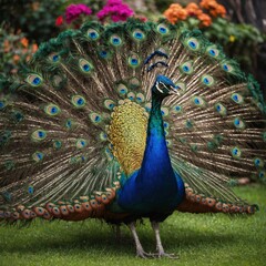Obraz premium A colorful peacock displaying its feathers in a vibrant garden.