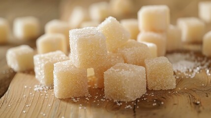 Close-up of multiple sugar cubes stacked on a wooden surface, showcasing the texture and granules of the sugar in a bright setting