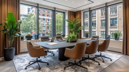 Fototapeta premium A modern, well-lit conference room with large windows, leather chairs, a sleek table, and an array of indoor plants, giving a refreshing touch to the business environment