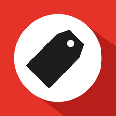 Tag icon vector. Black price label. White circle background. Red backdrop shadow.