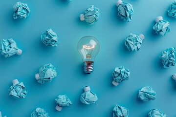 A light bulb surrounded by crumpled paper balls on a blue background, symbolizing new ideas and creativity when viewed from above.