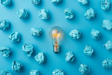 A light bulb surrounded by crumpled paper balls on a blue background, symbolizing new ideas and creativity when viewed from above.