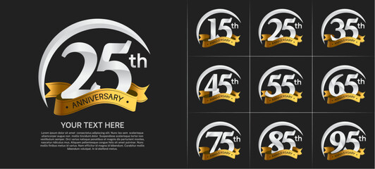 anniversary logotype set vector, silver color with golden ribbon for special day celebration