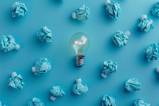 A light bulb surrounded by crumpled paper balls on a blue background, symbolizing new ideas and creativity when viewed from above.