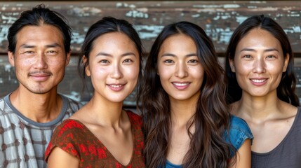 Fototapeta premium A group of four smiling individuals standing closely together in casual attire against a weathered wooden background, showcasing their camaraderie and joy