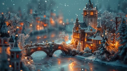 Fototapeta premium A serene, picturesque winter wonderland village illuminated with warm, glowing lights and gently falling snowflakes, seen through a dreamy lens