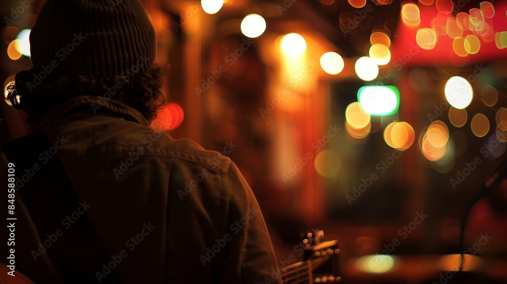 Wall mural soft edges and outoffocus details create an air of mystery and anticipation at this open mic night.