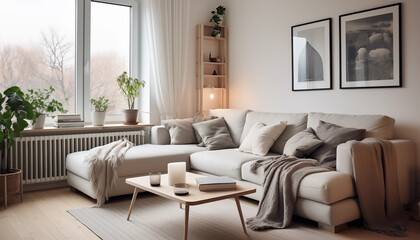 Bright and airy living room with a large comfortable sofa coffee table plants and books