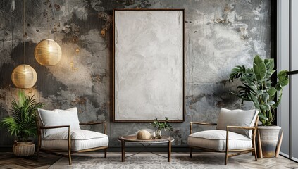 A minimalist living room with two armchairs, a coffee table and a potted plant in front of the wall.