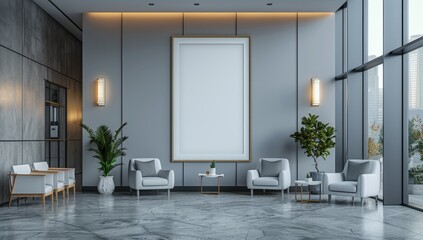 A mockup of an empty vertical frame on the wall in a modern hospital waiting room, with white chairs and medical equipment around it, soft lighting.