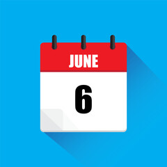 June 6 calendar icon. Red and white page. Blue background. Flat vector design.