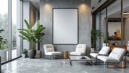 A mockup of an empty vertical rectangular frame on the wall in front, placed inside a modern medical office waiting room with white chairs and glass doors.