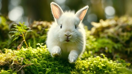Energetic rabbit dashing gracefully through vibrant and lush woodland environment