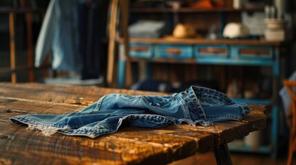 Denim sweater is resting on the table